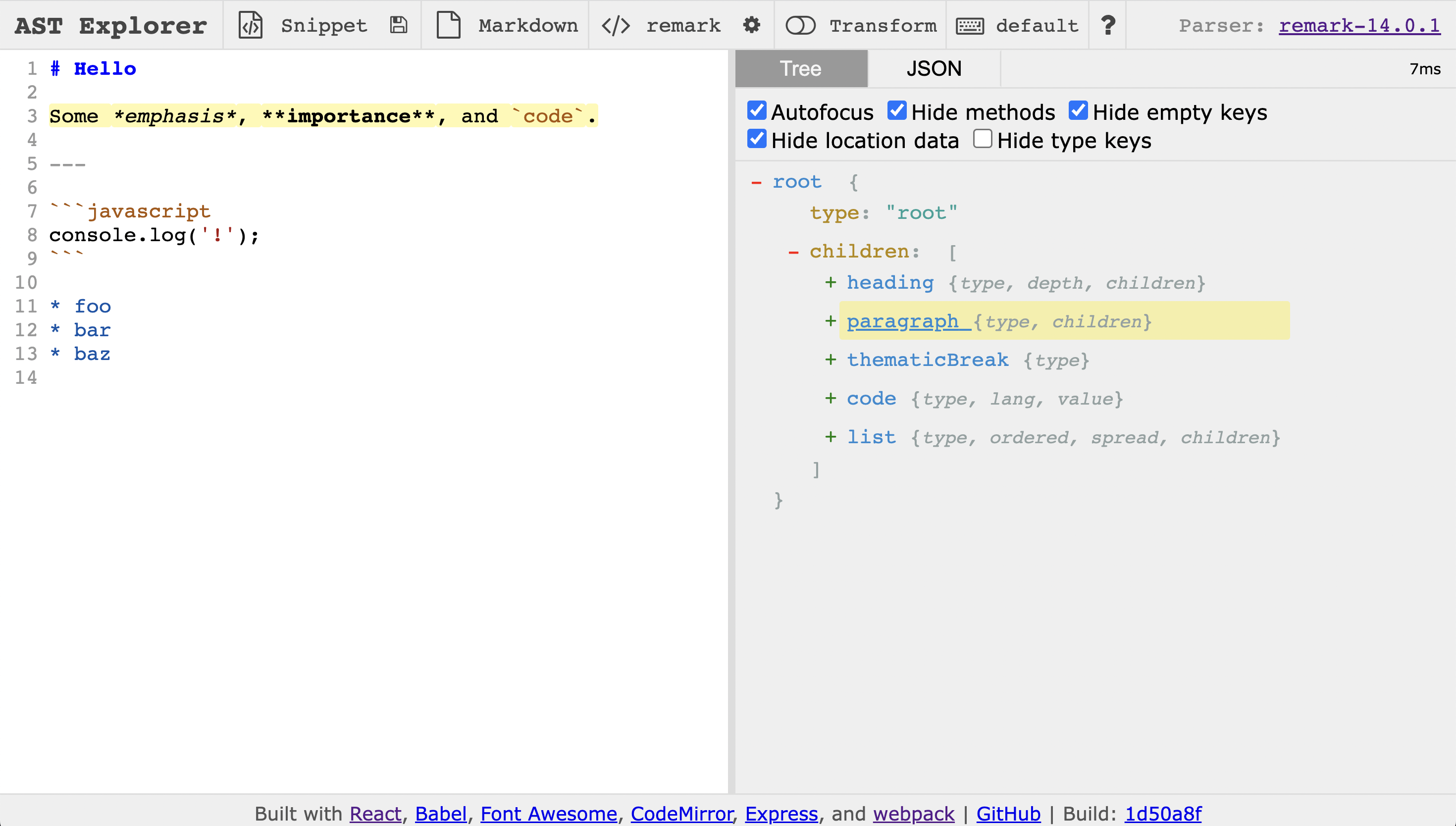 A screenshot of the astexplorer.net interface. The left pane shows a snippet of Markdown source with one paragraph highlighted. The right pane shows its AST structure in a collapsible JSON format, with the paragraph's corresponding AST node automatically highlighted.
